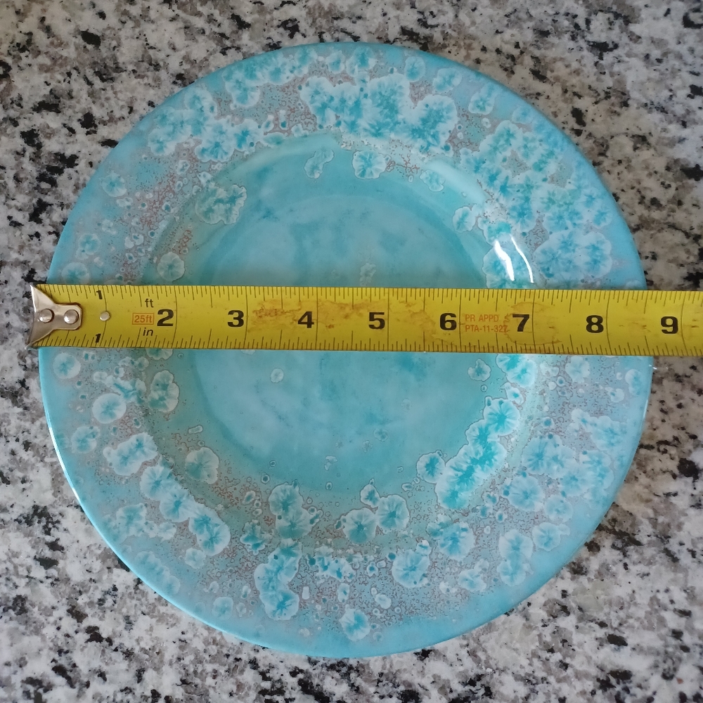 Two melamine salad plates; beach vibe in blue and coral colors.